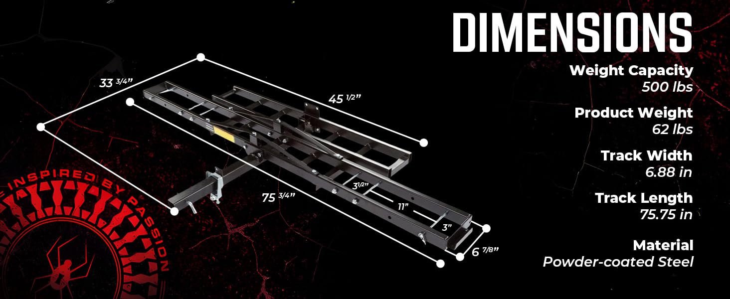 Diagram of motorcycle dolly with dimensions, weight, capacity, and aluminum material details.