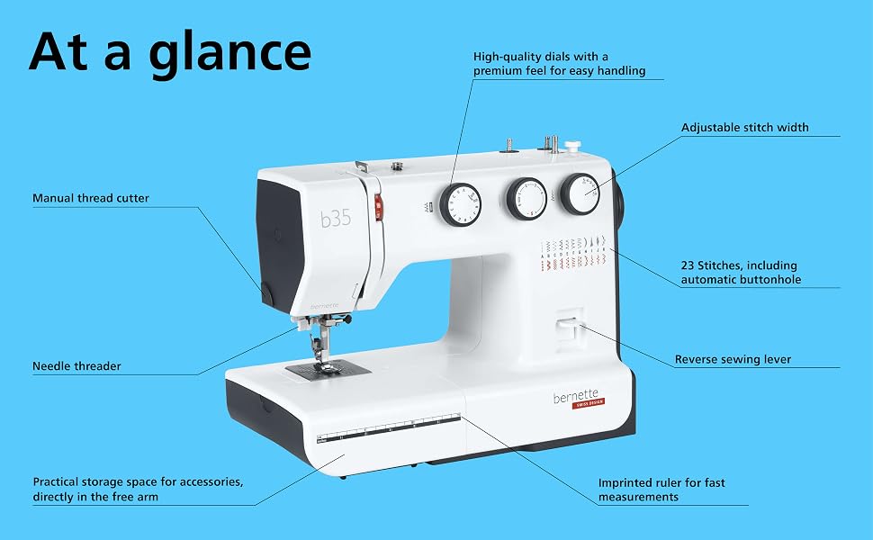 Picture of the bernette 35 with arrows pointing to the functions of the machine