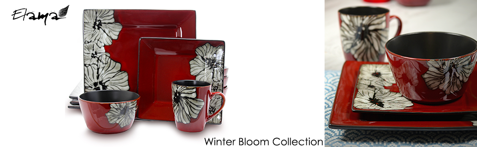 red white square round floral stoneware dinnerware dish set for 4 microwave dishwasher safe