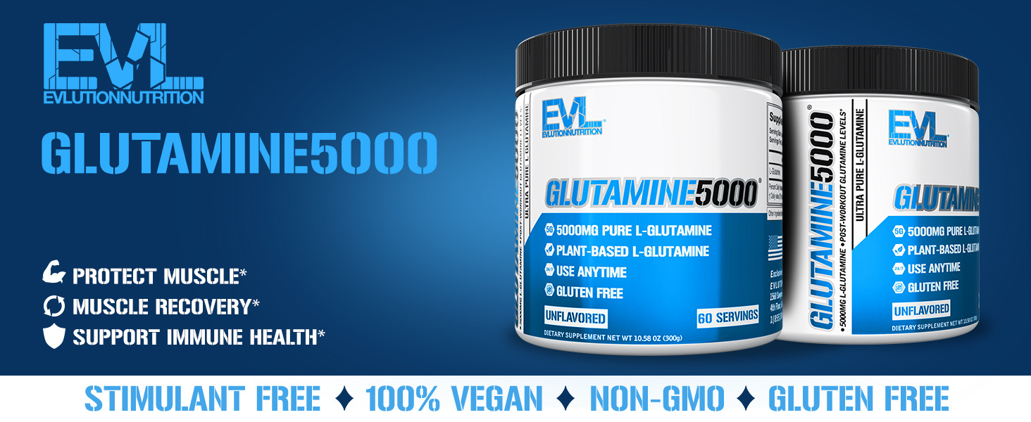 EVL Glutamine5000, 60 servings, 5000mg plant-based L-Glutamine, supports muscle, immune health.*