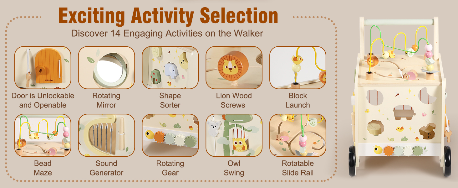wooden Push Walker Toys for Babies Learning to Walk, Sit-to-Stand