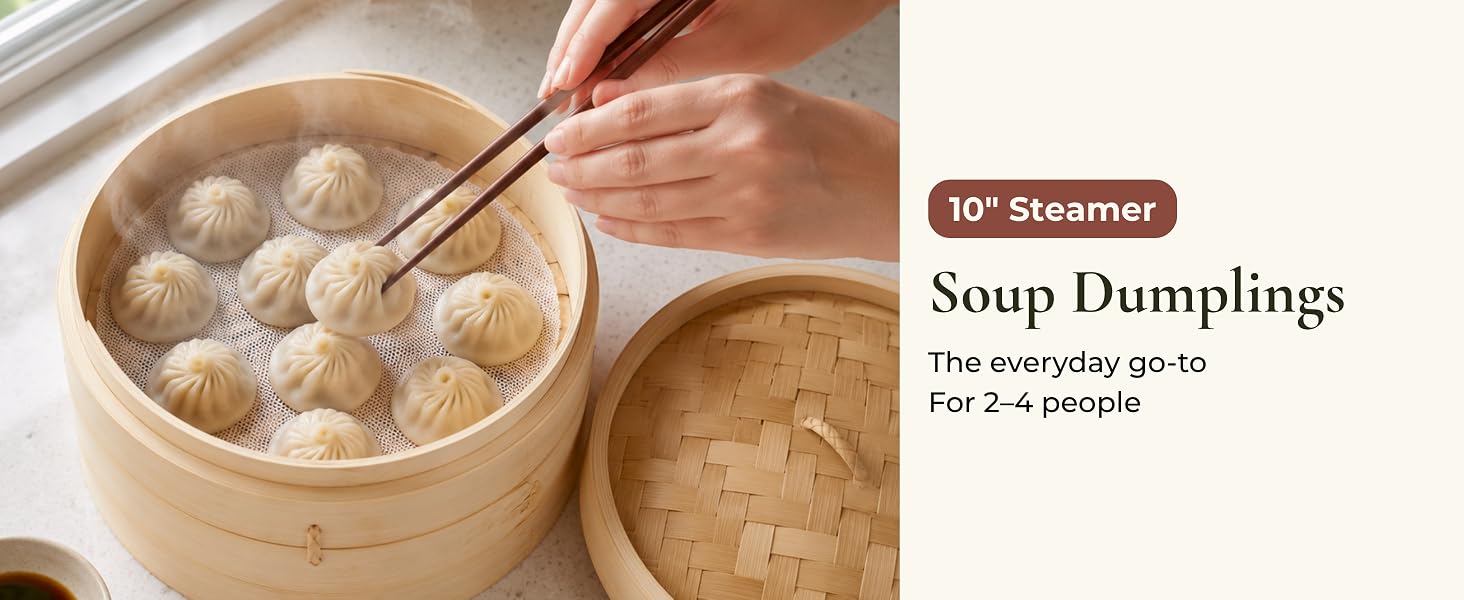 10-inch bamboo steamer with soup dumplings, the everyday steamer for 2 to 4 people