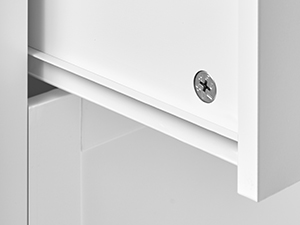 Close-up of a white furniture corner joint with a visible screw. The image shows clean, precise edges of what appears to be a shelving unit or cabinet.
