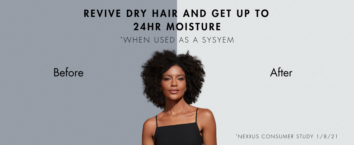 Before and after picture of a woman that goes from damaged to healthy-looking hair under titles.
