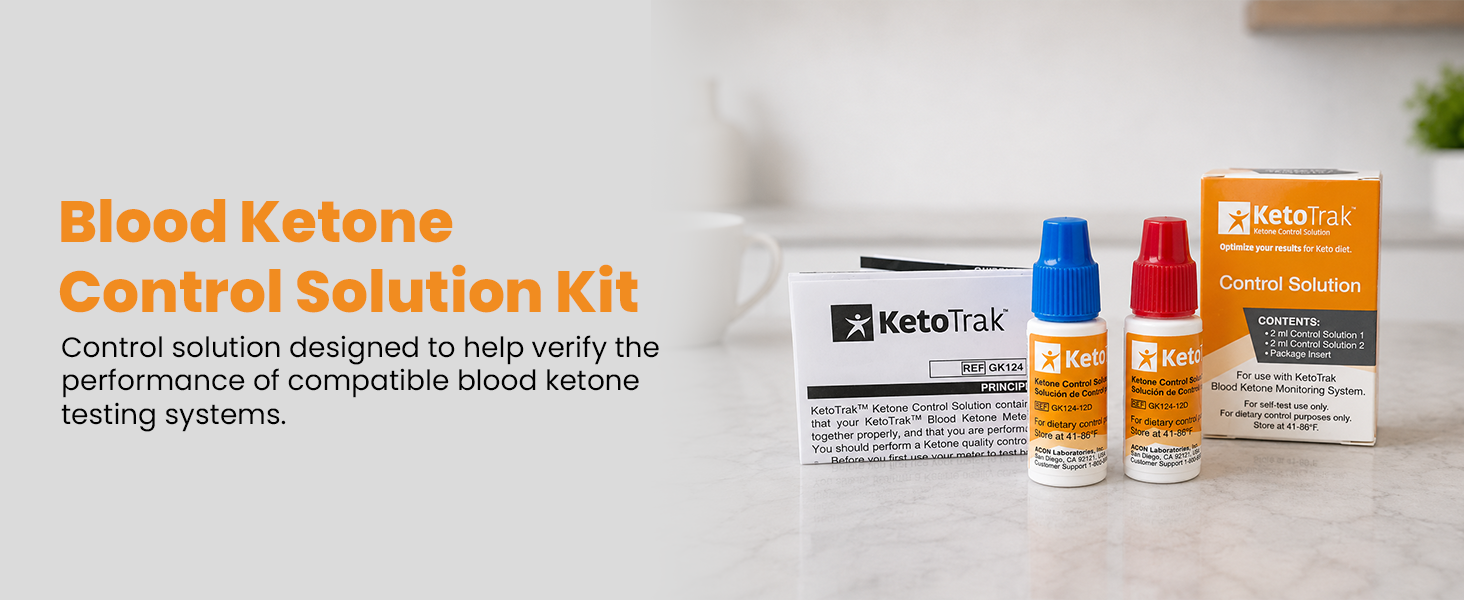 Blood ketone control solution kit helps verify compatible blood ketone testing system performance