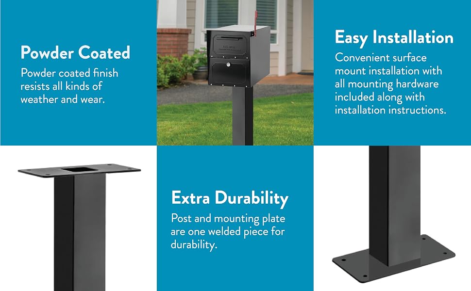 fully powder coated, easy installation, surface mount, hardware included, durable