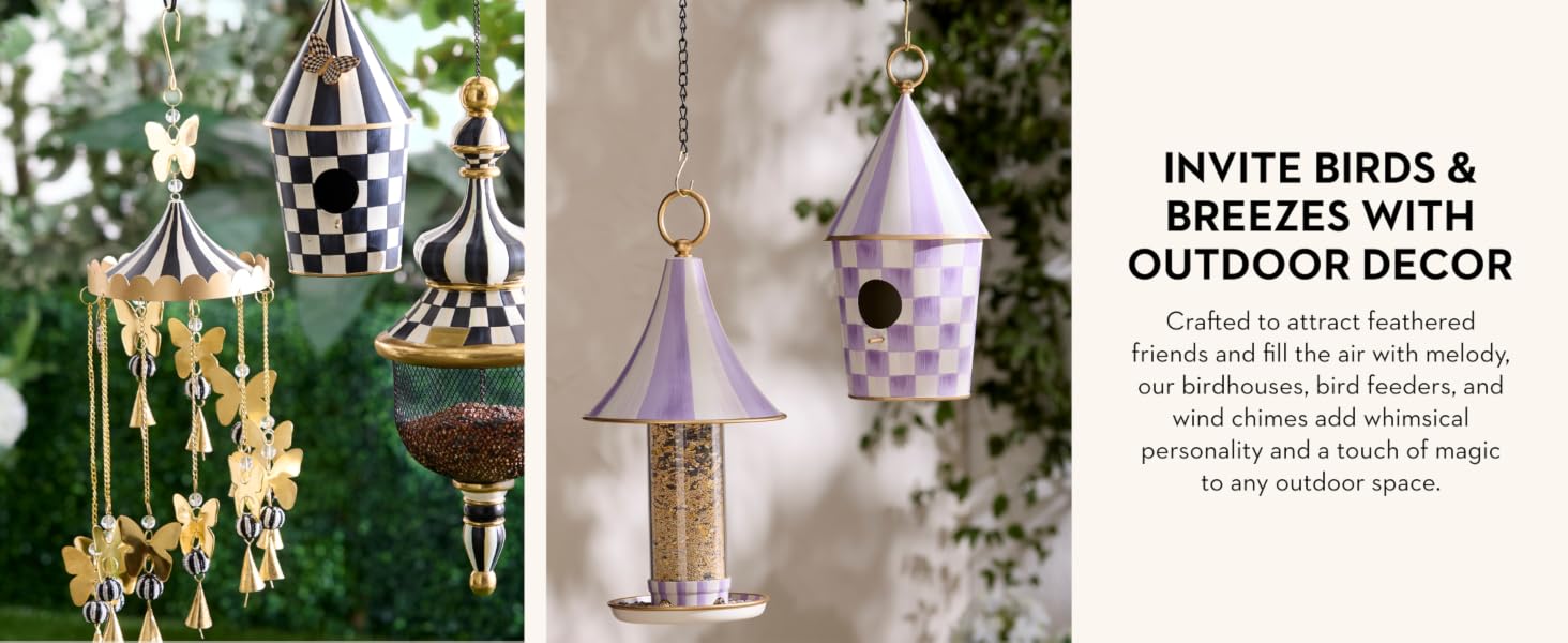 Outdoor bird feeders and wind chimes. Text reads: Invites birds and breezes with outdoor decor.