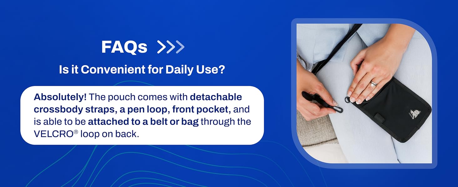 Cellphone pouch with detachable strap held on lap showing pen loop and front pocket for daily use