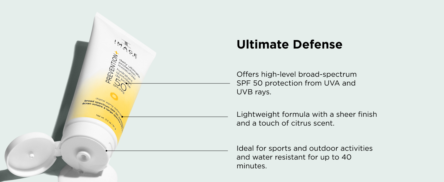 Ultimate defense offers high-level broad spectrum SPF 50 protection from UVA and UVB rays