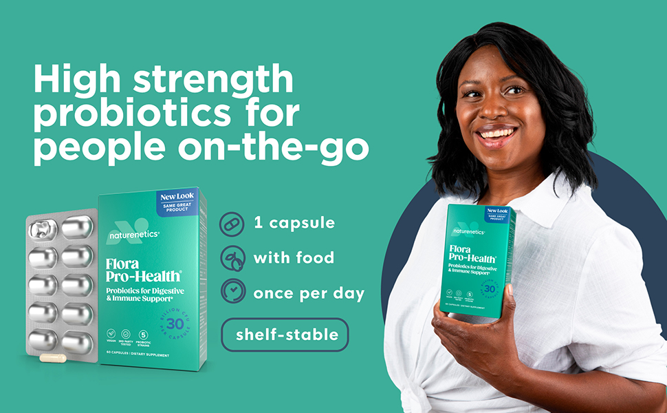 High strength probiotics for people on-the-go, 1 capsule per day, shelf-stable, no refrigeration