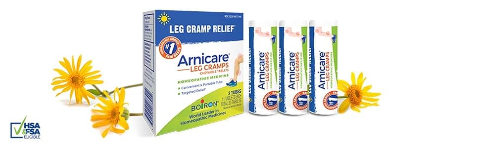 Arnicare Leg Cramps box and 3 tubes of tablets with Arnica flowers
