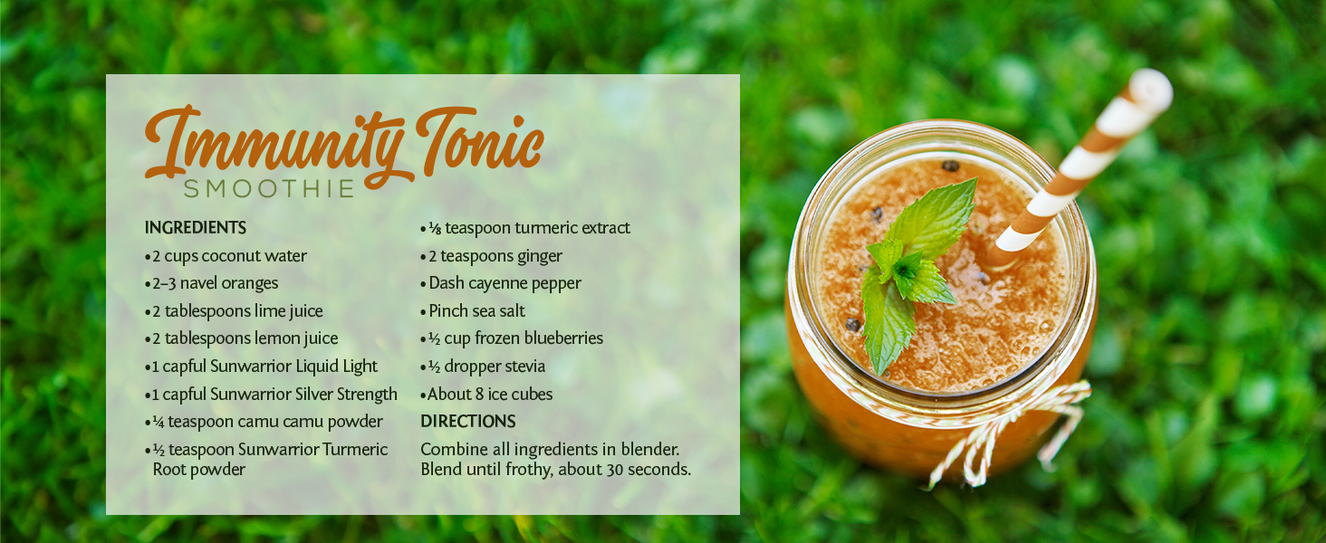 A recipe for Immunity Tonic Smoothie featuring Sunwarrior Liquid Light.