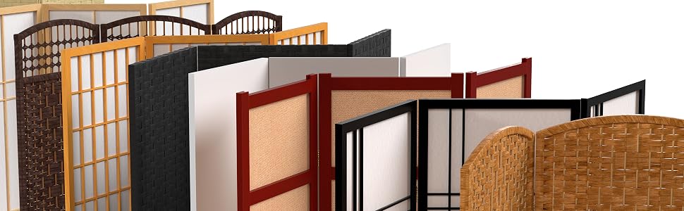 9 room dividers made of different materials, including rice paper, jute, canvas, and rattan