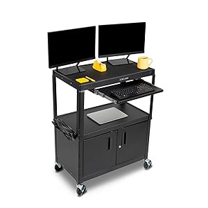 Line Leader large AV cart with keyboard tray and cabinet. | Rolling Computer Cart | Utility Cart