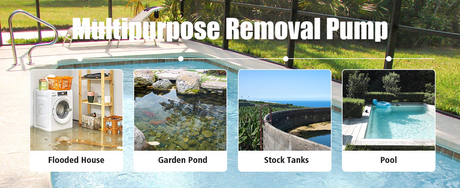 drains water from flooded basements, water wells, garden pond, hot tub, pool, flat roofs and more