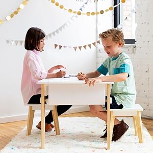 wildkin white wooden arts and crafts table kids toddlers stools organization playroom storage