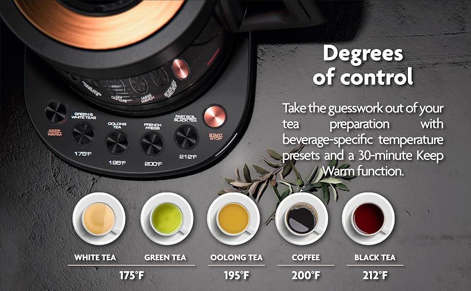 Electric kettle with presets for white, green, oolong, black tea and coffee, plus keep warm