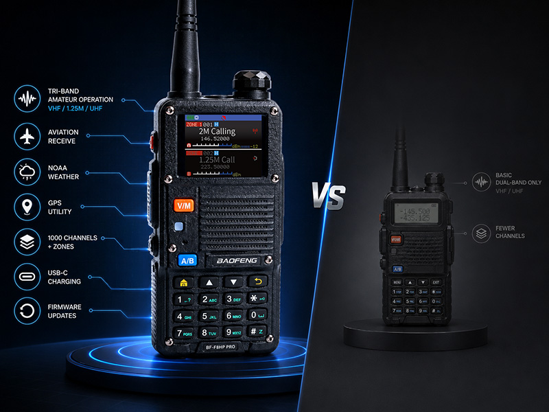 BF-F8HP PRO comparison graphic showing advanced tri-band, receive, GPS, USB-C, and firmware.