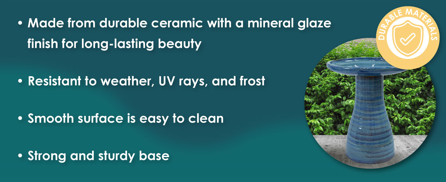made from ceramic with a mineral glaze finish resistant to weather, UV rays, and frost easy to clean