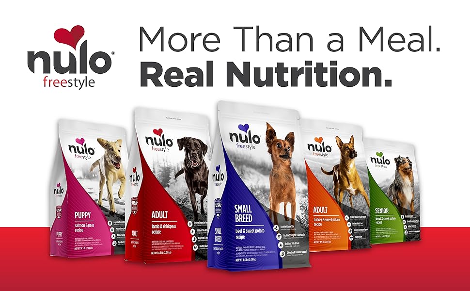 lineup Nulo Small Breed Dog Kibble bags in various flavors