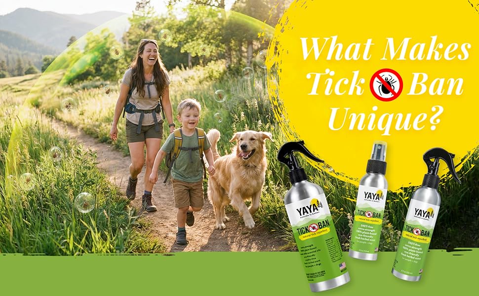 Yaya Organics Tick Ban natural bug spray with family and dog hiking on trail.