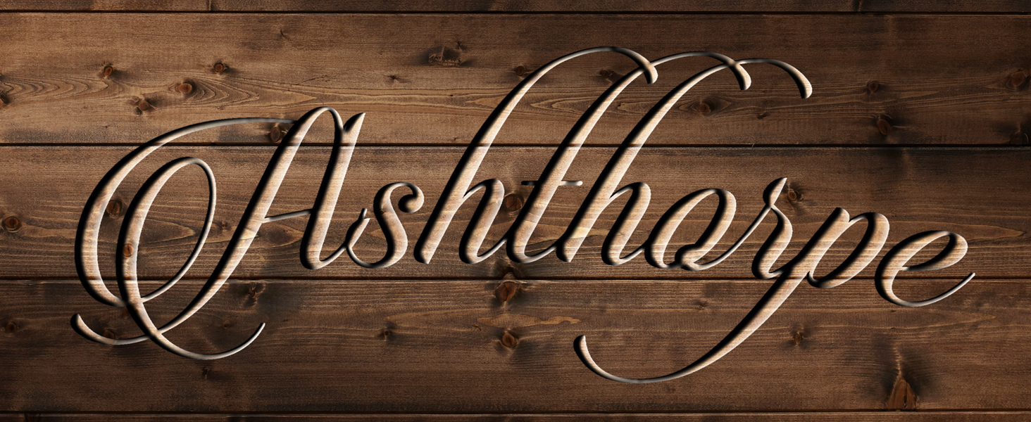 Ashthorpe Logo on a Dark Rustic Wood Background, Acoustic Guitars, Drum Sets, Digital Keyboards