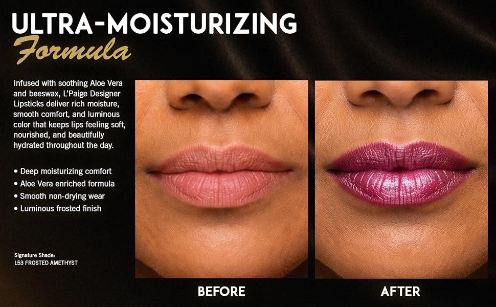 Ultra-moisturizing lipstick before and after L53 Frosted Amethyst