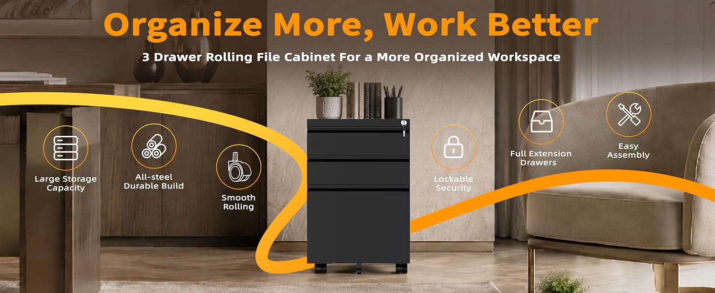 3 Drawer Rolling File Cabinet For a More Organized Workspace