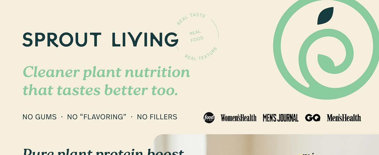 Sprout Living organic plant nutrition protein banner with no gums, fillers, or fake flavoring.