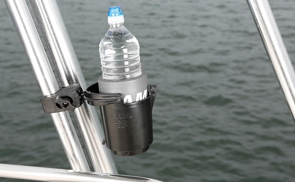 A water bottle in a RAM Level Cup cup holder
