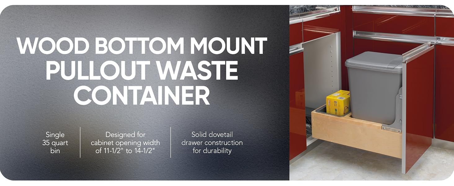 Text reads Wood Bottom Mount Pullout Waster Container w/ lifestyle product image.