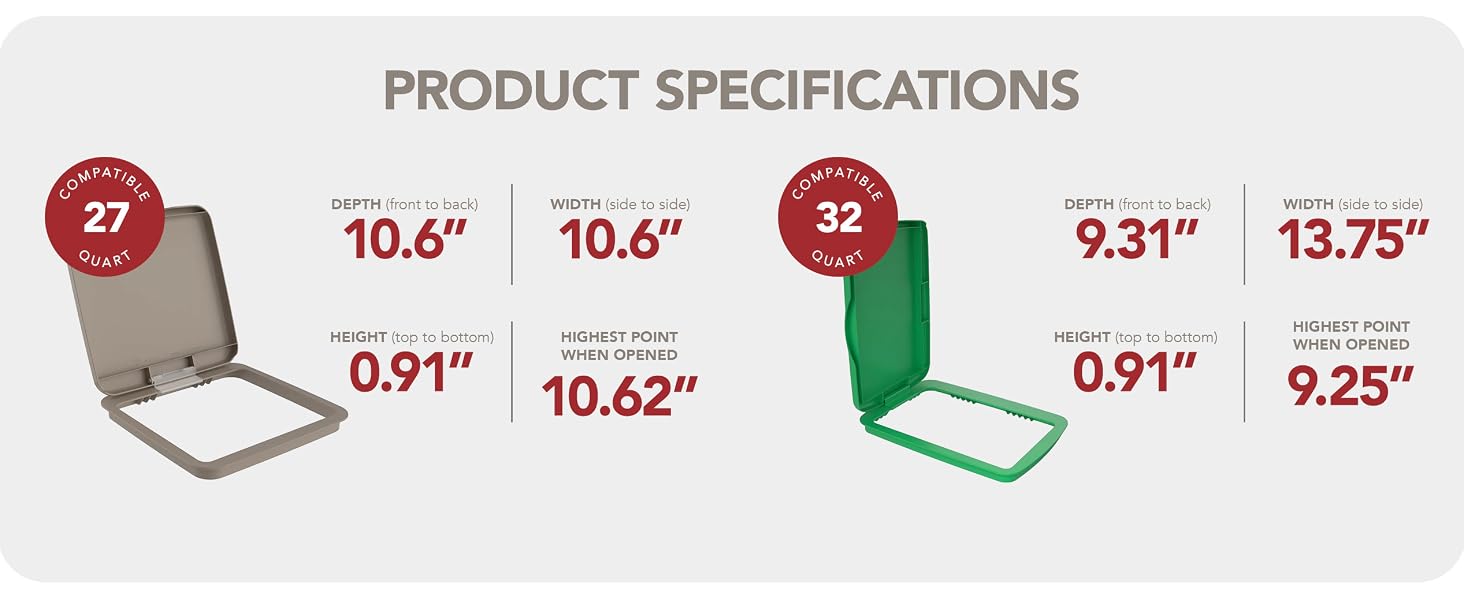 Dimensions of the Rev-A-Shelf 27 qt and 32 qt container lids. Text reads: Product Specifications.