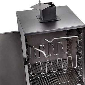 exhaust;chimney;heat;door;rib;rack;racks;meat;hooks;wire;shelf;shelves;meat;bbq;pork;shoulder;butt