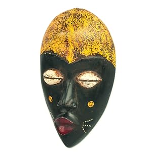 Novica Handmade Black Yellow African Wood Mask Hecha a mano Negra Amarilla Africa Máscara de madera