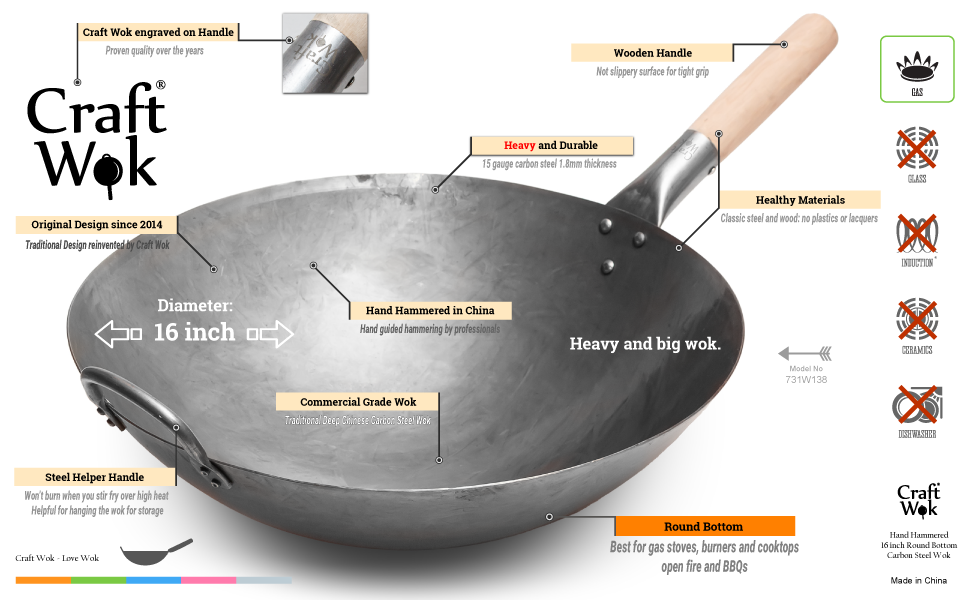 731W138 craft wok big wok 16 inch carbon steel wok
