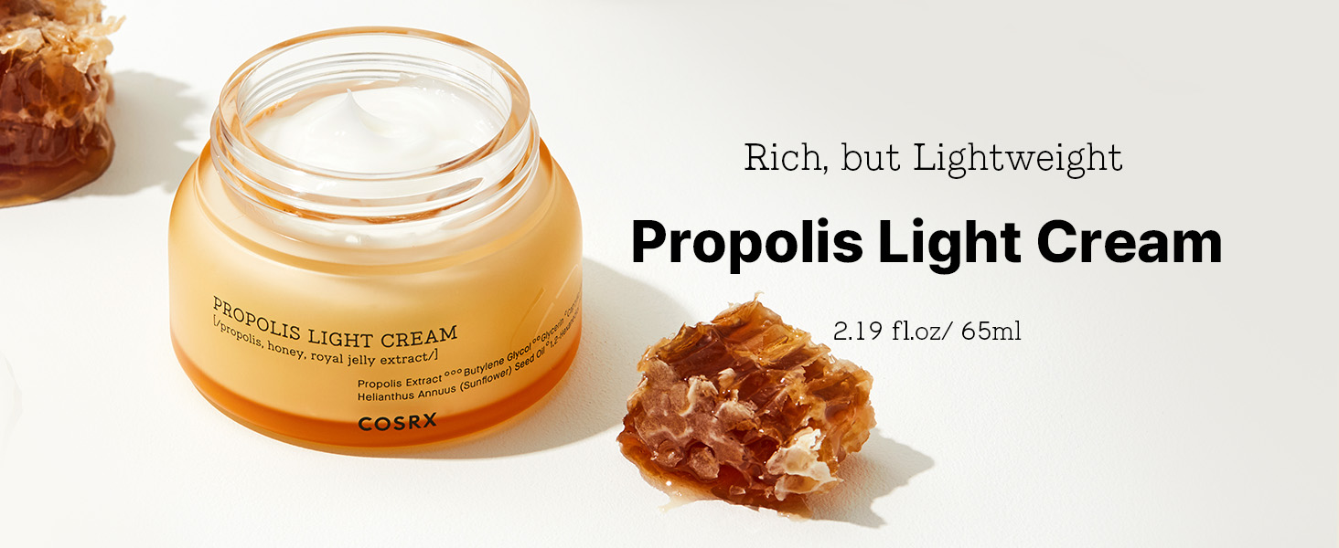 Glass jar of Propolis Light Cream with honeycomb. Product described as 'Rich, but Lightweight' with '70g / Net 2.46oz' capacity.