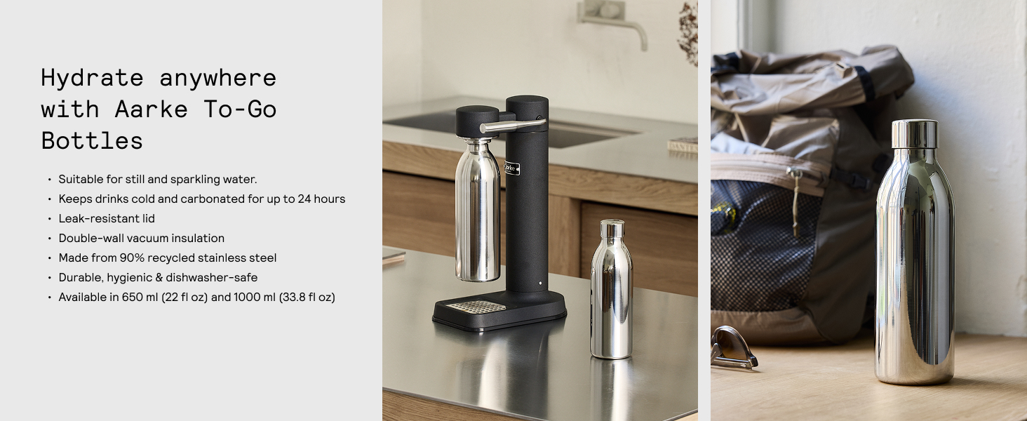 Hydrate anywhere with Aarke to-go bottles with photos of stainless steel to-go bottles