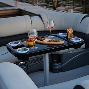 ITC LED Lit Party Boat Table on a pontoon boat at dusk
