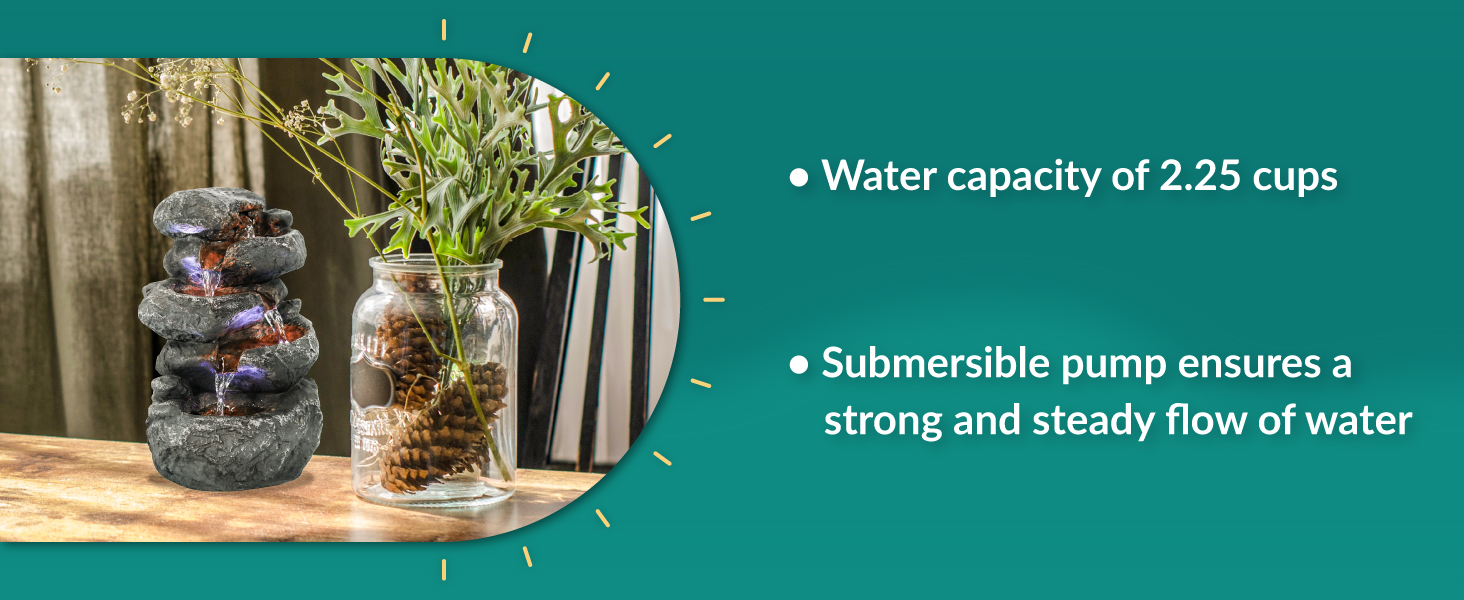 Water capacity of 2.25 cups submersible pump ensures a strong and steady flow of water