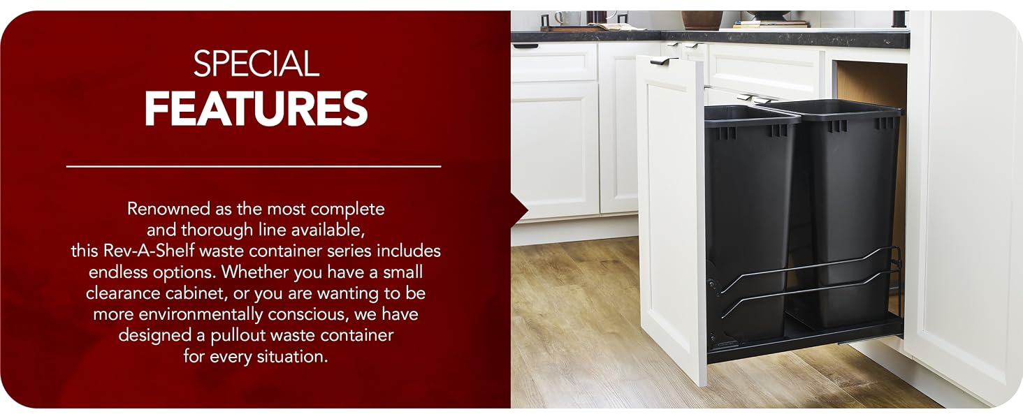 Pullout waste container shown beside product feature text.