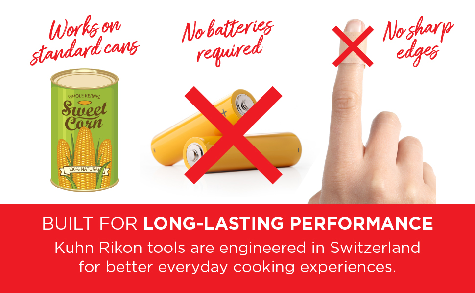 works on standard cans, no batteries required, no sharp edges. Built for long lasting performance.