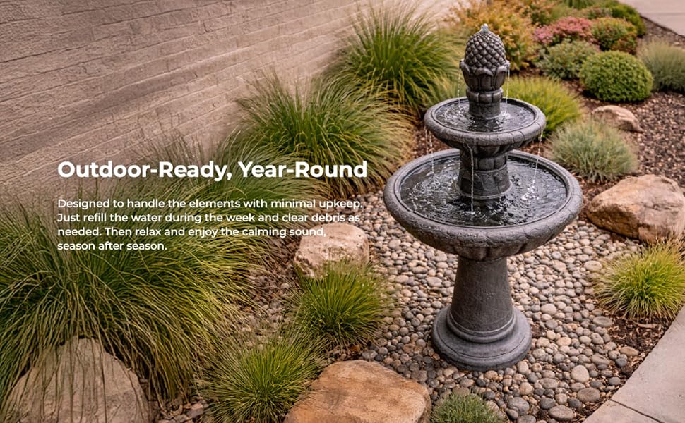 Outdoor Fountain in a garden showing how it can keep working all year long with minimal maintenance