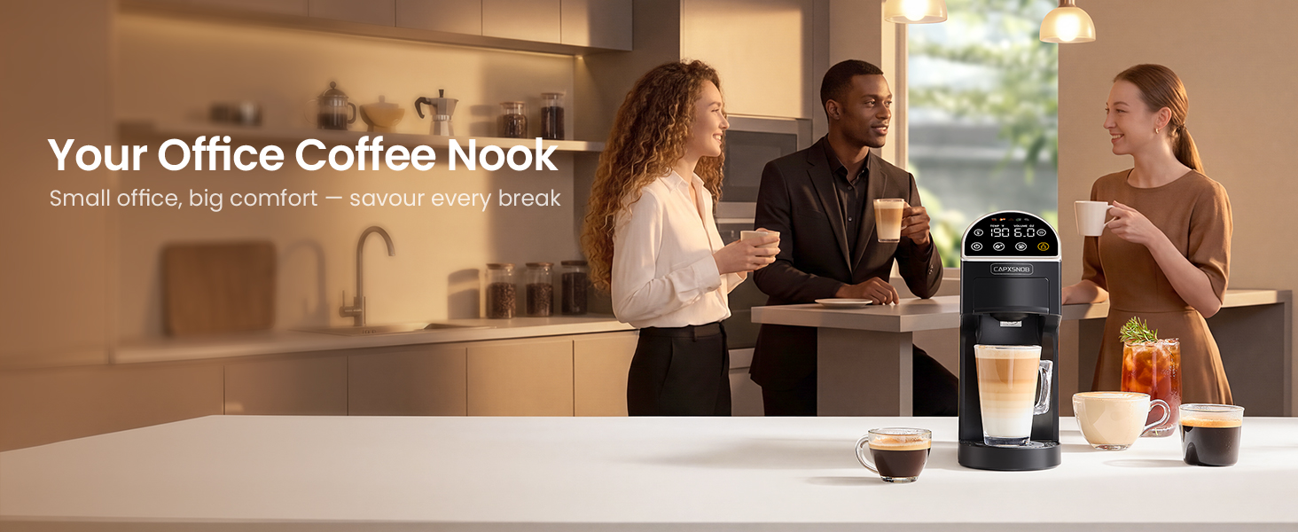 Team savoring fresh espresso and lattes in the office coffee nook, made easily by Magician2 Mini.