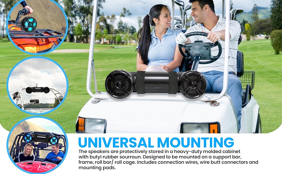 Pyle Marine ATV Powered Speakers - 4.0 Wireless Bluetooth, 1000Watt, Color Changing LED Lights,