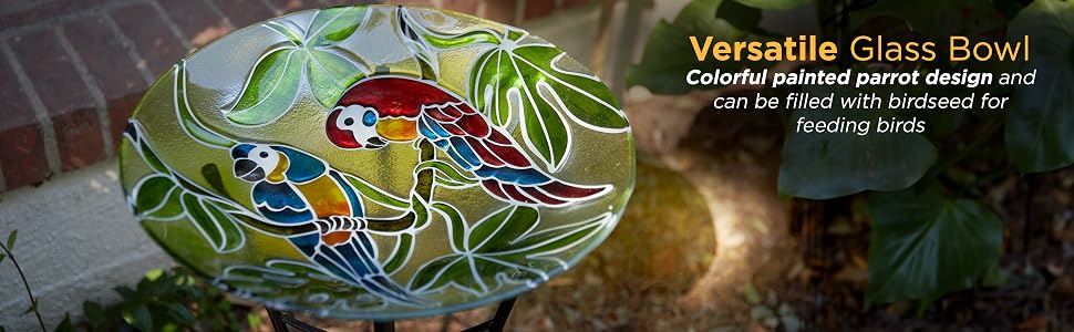 KPP602T-18 - Round Outdoor Birdbath Bowl Topper with Colorful Painted Parrot Design