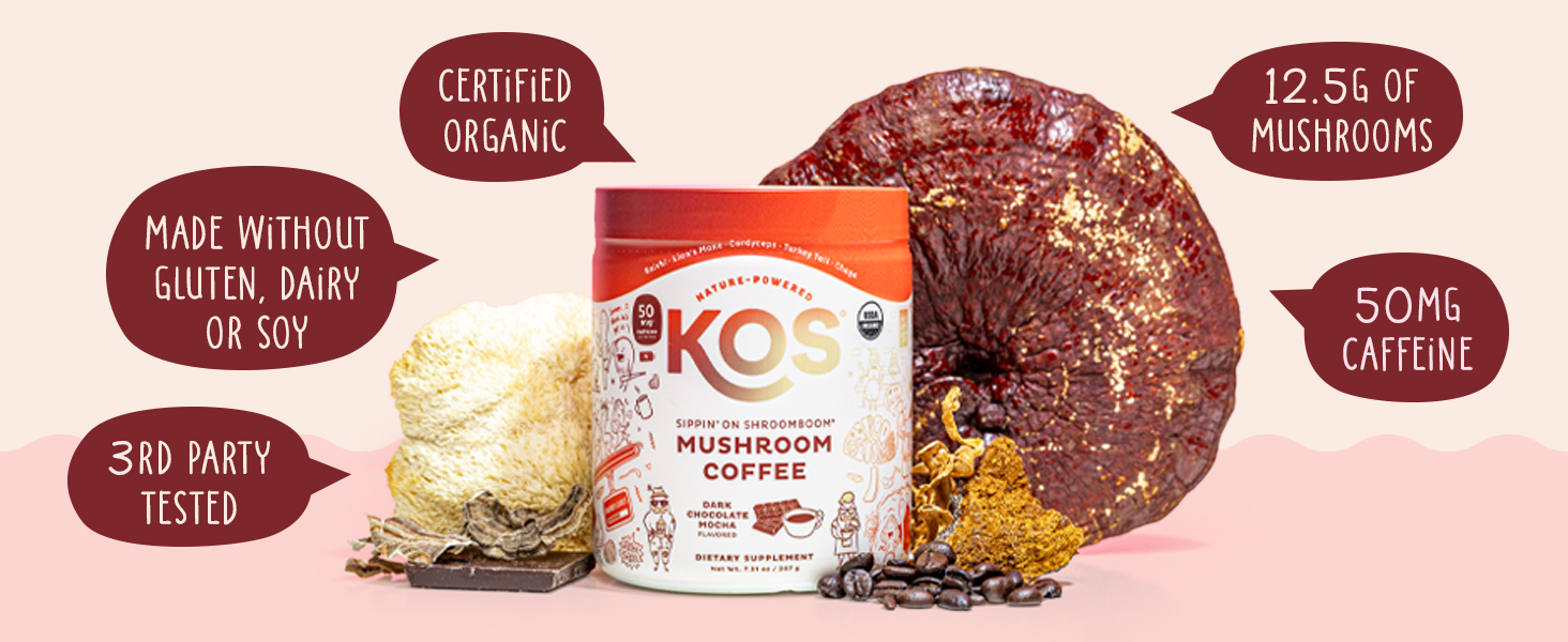 KOS Mushroom Coffee - USDA Certified Organic - Dark Chocolate Mocha Flavor - Mushroom Coffee Latte
