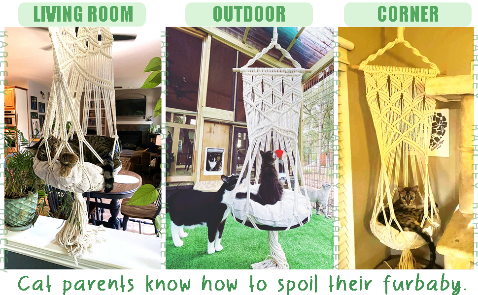 Cats in a boho hanging cat hammock shown in corner wall, outdoor catio, and living room.