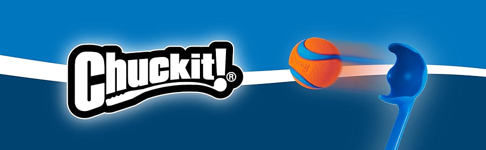 Image banner with chuckit dog ball launcher with text reading chuckit.