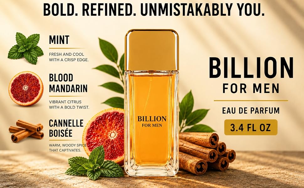1 Billion Men eau de parfum bottle with blood mandarin, mint, and cinnamon