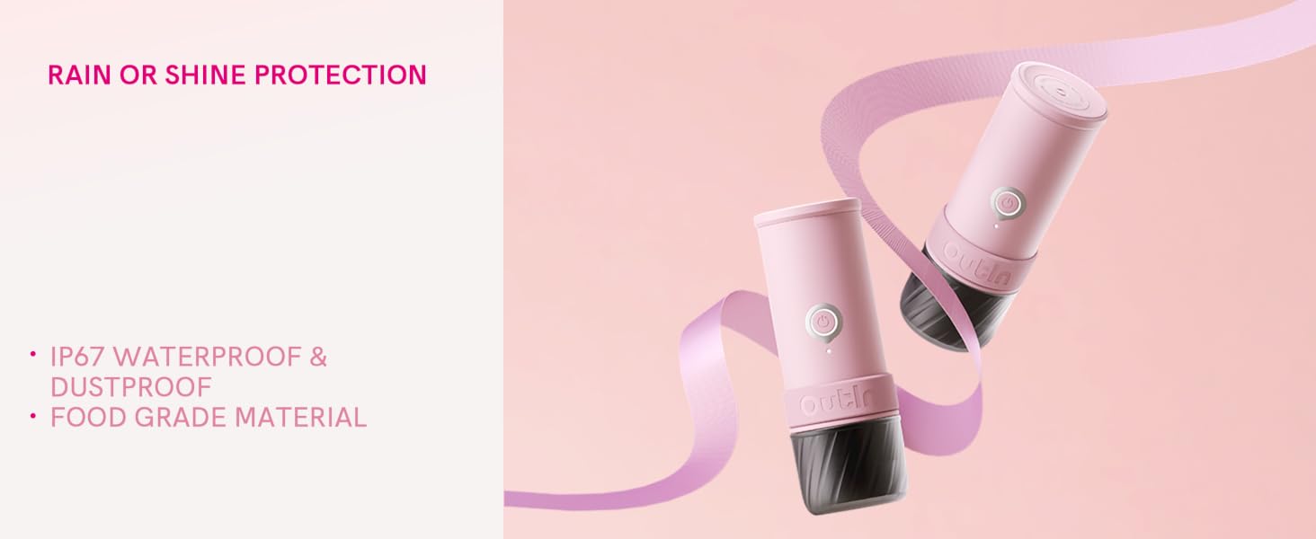Text reads 'RAIN OR SHINE PROTECTION' followed by bullet points '• 24/7 WATERPROOF &amp; DUSTPROOF • HYDROPHOBIC MATERIAL'. Pink tubes or containers shown against pink background.